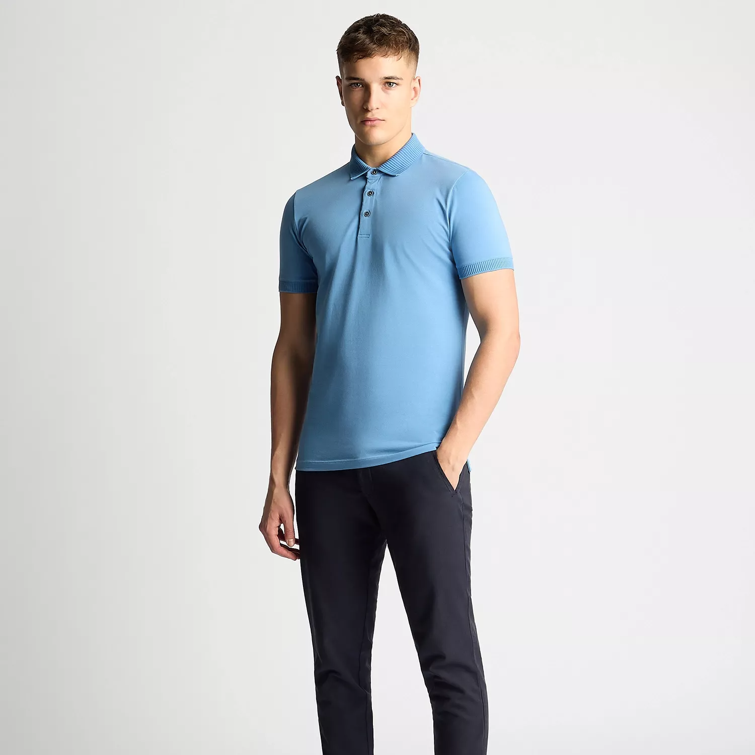 Remus Uomo Ribbed Collar Polo Shirt Sky