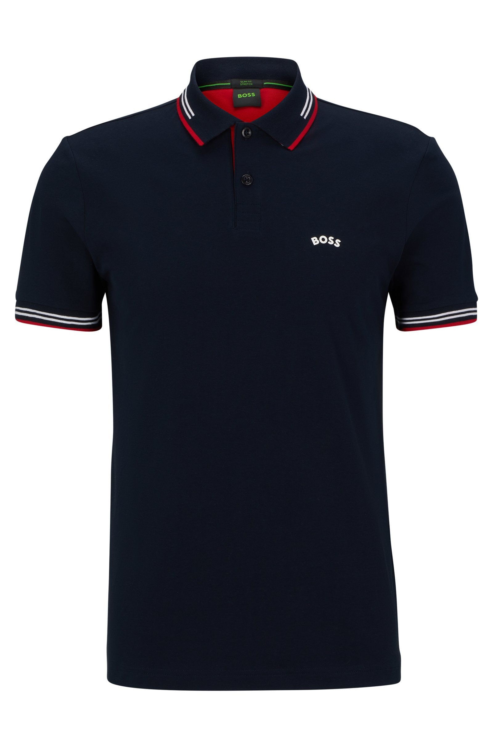 Men's Hugo Boss Paul Curved Polo Shirt Navy Blue & Red Stretch