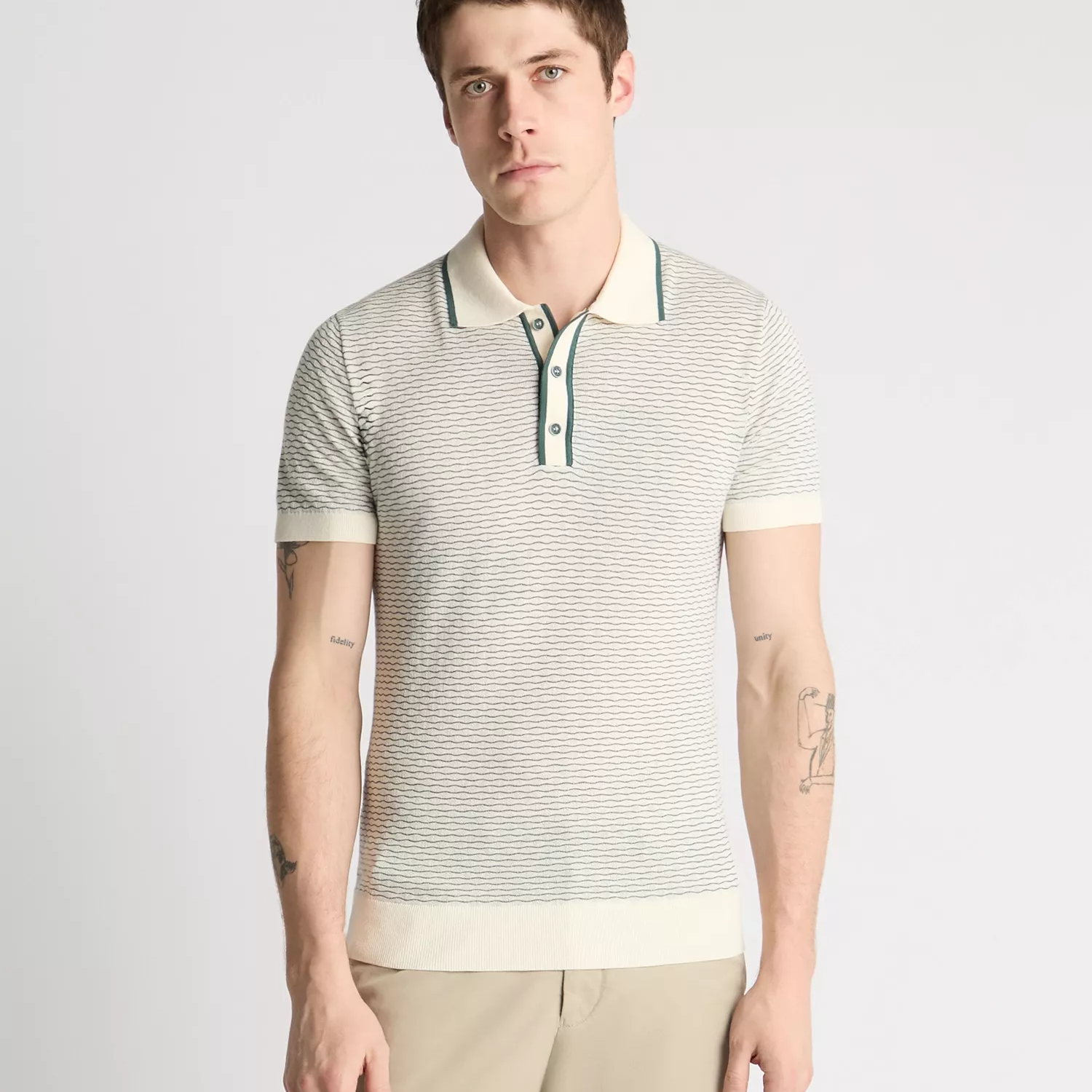 Remus Uomo Knitted Polo Shirt Cream/Green