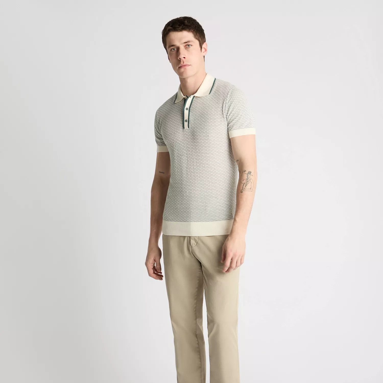 Remus Uomo Knitted Polo Shirt Cream/Green