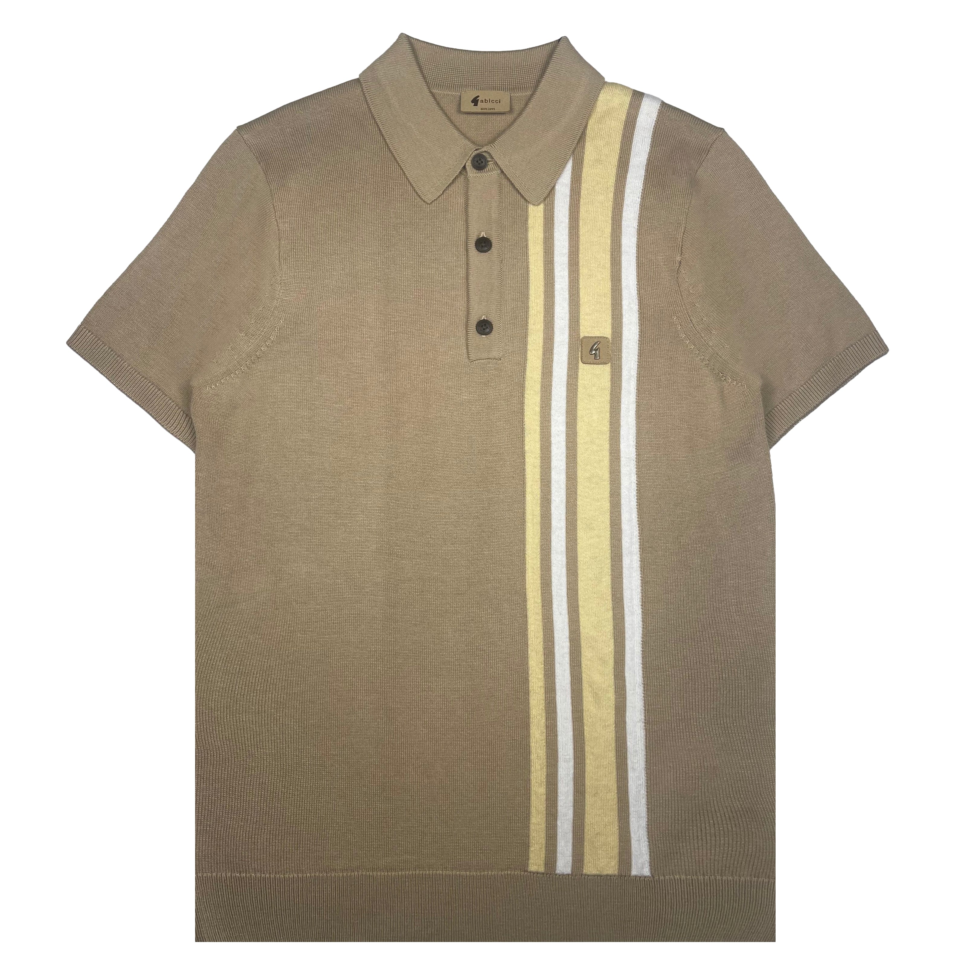 Gabicci Vintage Soda Racing Stripe Knitted Polo Shirt - Sand Beige ...
