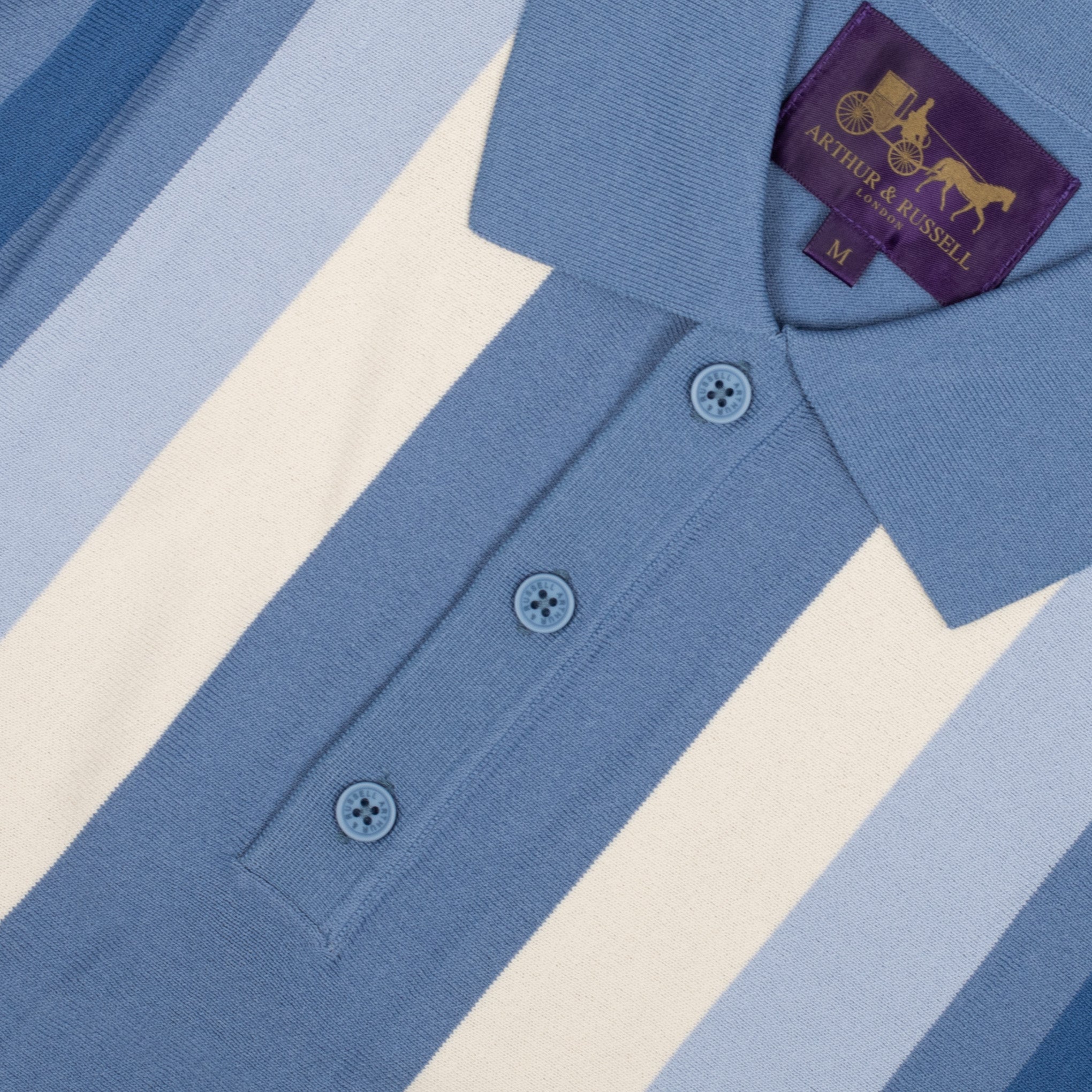 Arthur & Russell Stripe Knit Polo Shirt Sky