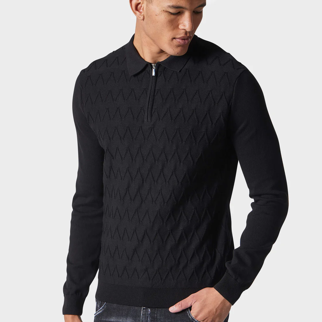 Police Blanc Textured Knit Polo Shirt Black