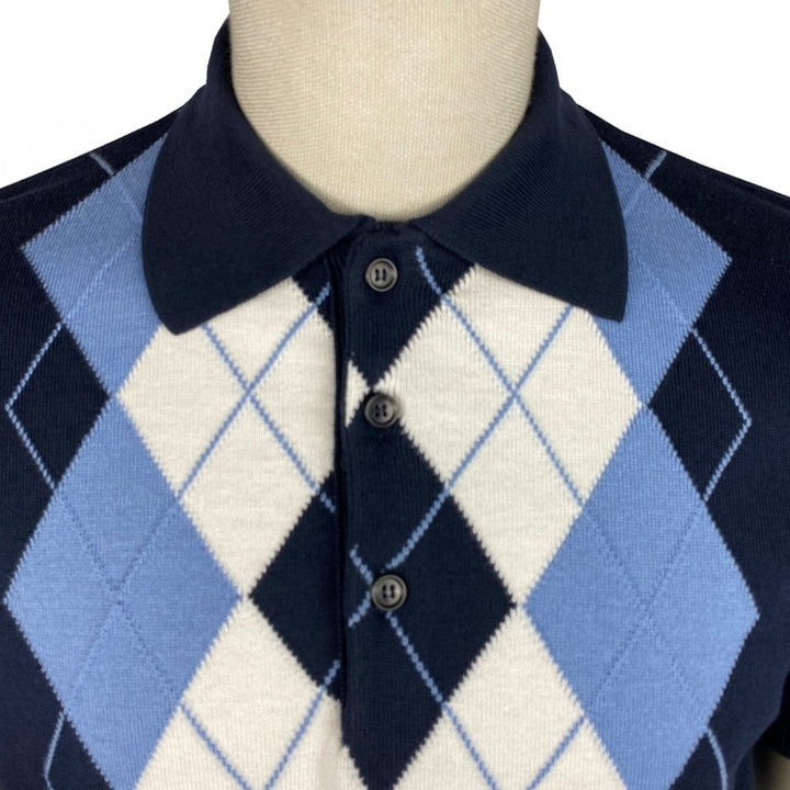 Trojan Argyle Fine Gauge Knitted Polo Navy