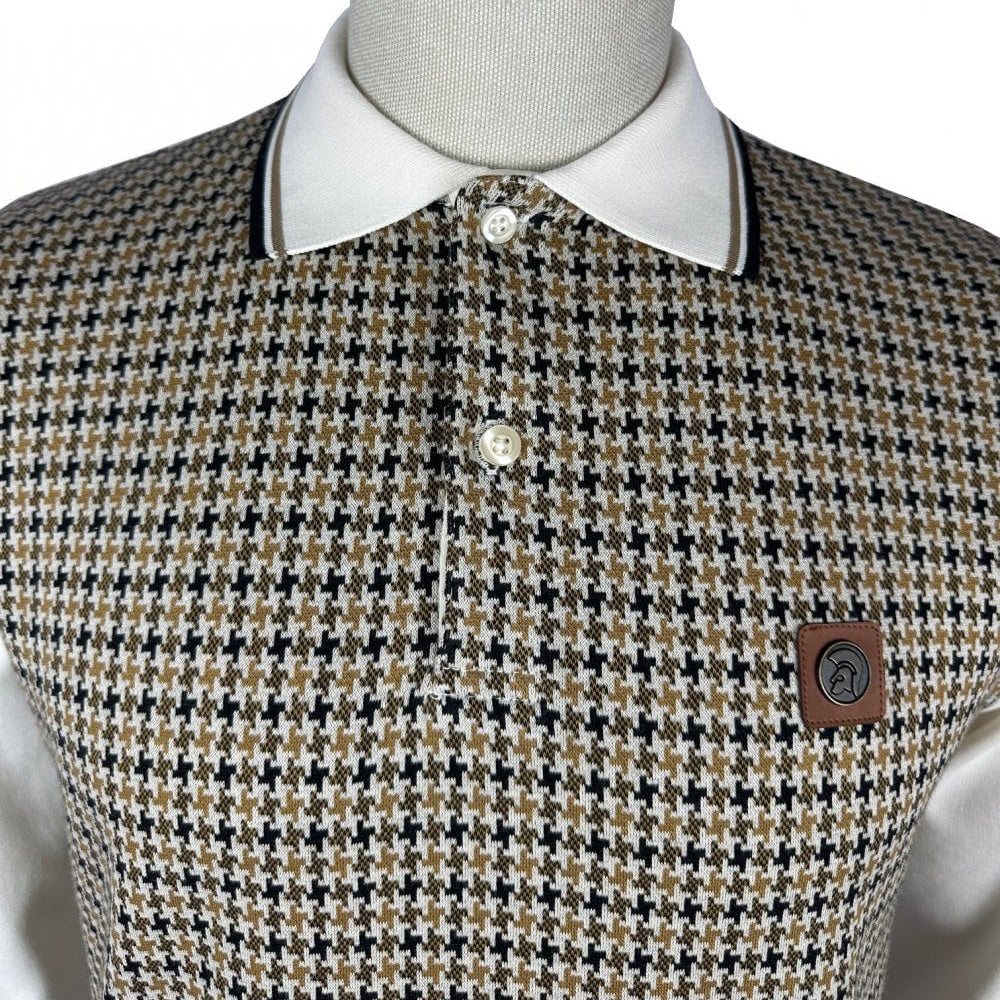 Trojan Houndstooth Panel LS Polo Shirt Ecru