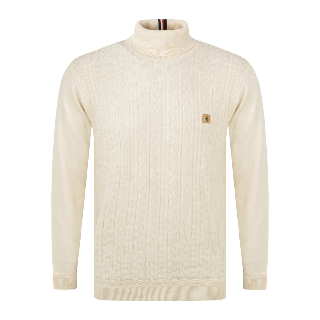 Gabicci Vintage Leonardo Cable Knit Roll Neck Cream