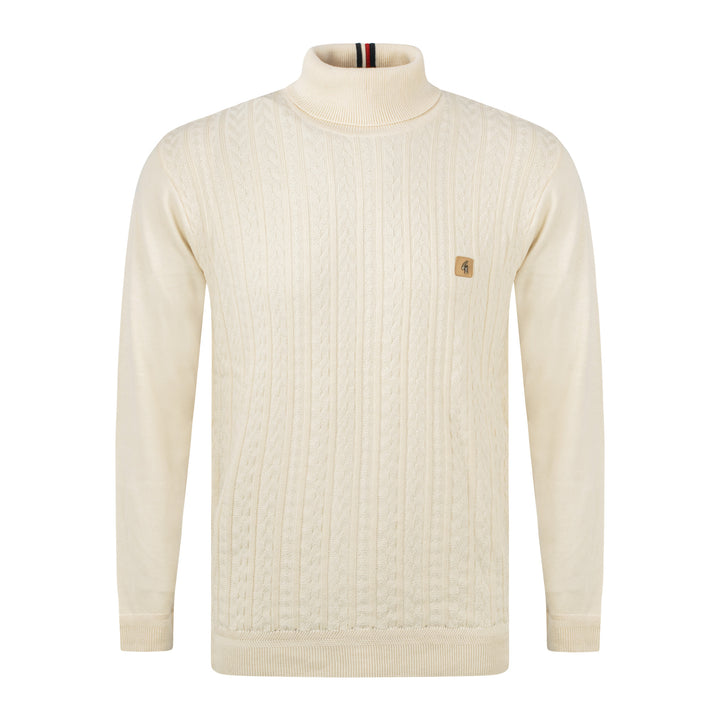 Gabicci Vintage Leonardo Cable Knit Roll Neck Cream