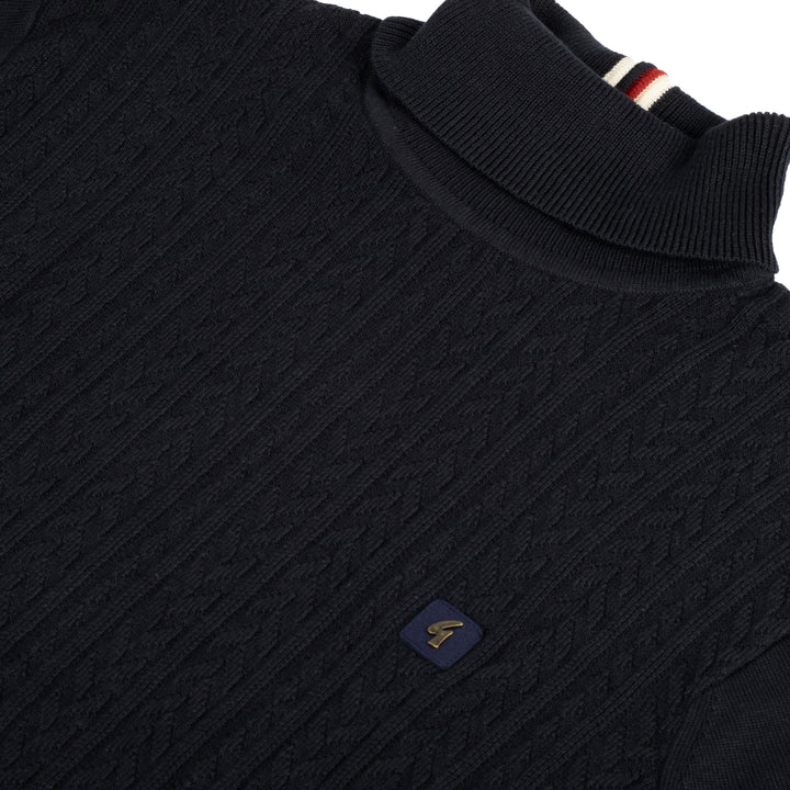 Gabicci Vintage Leonardo Cable Knit Roll Neck Navy