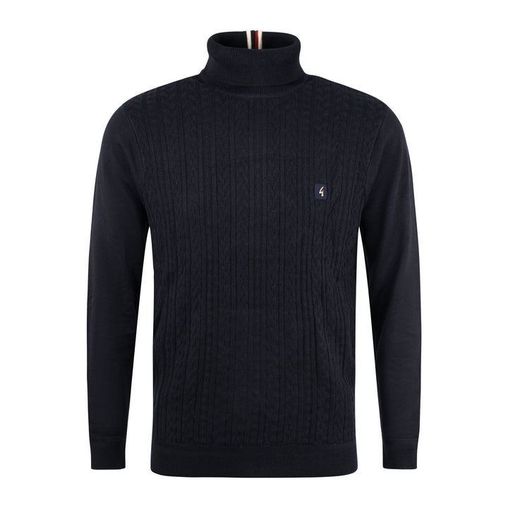 Gabicci Vintage Leonardo Cable Knit Roll Neck Navy