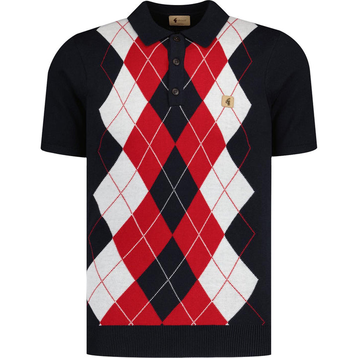 Gabicci Vintage Humphrey Argyle Knit Polo Shirt Navy - Urban Menswear
