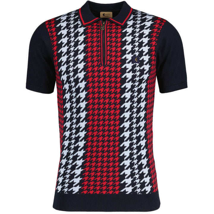 Gabicci Vintage Telgano Dogtooth Knit Polo Shirt Navy - Urban Menswear