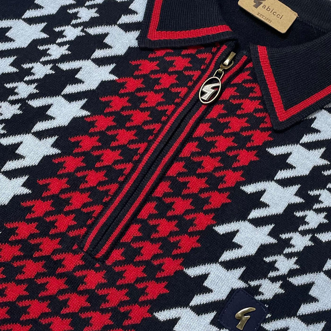 Gabicci Vintage Telgano Dogtooth Knit Polo Shirt Navy - Urban Menswear