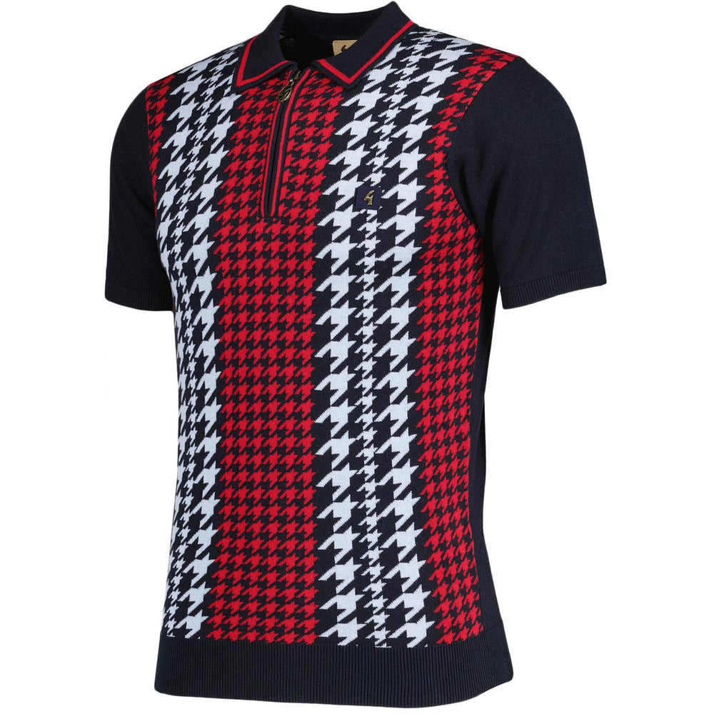 Gabicci Vintage Telgano Dogtooth Knit Polo Shirt Navy - Urban Menswear