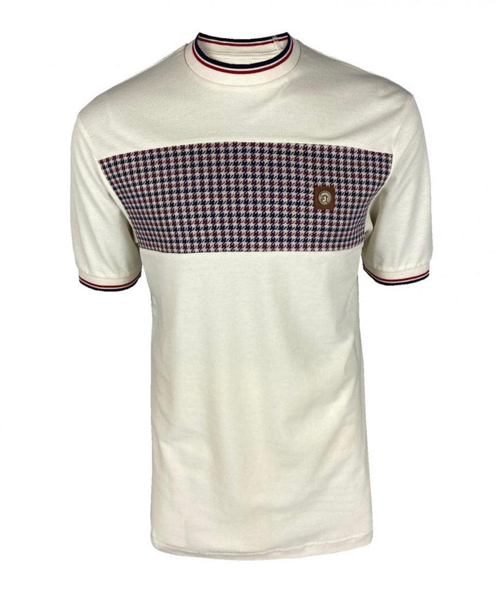 Trojan Houndstooth Panel T-Shirt Ecru - Urban Menswear