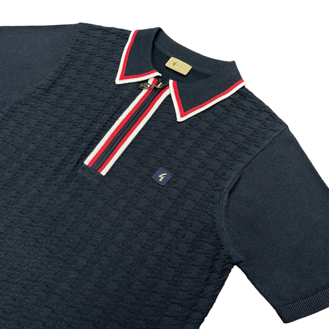 Gabicci Vintage Garner Dogtooth Knit Polo Shirt Navy - Urban Menswear